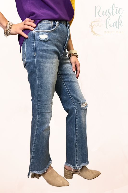 High Rise Crop Flare Pant - Medium Wash