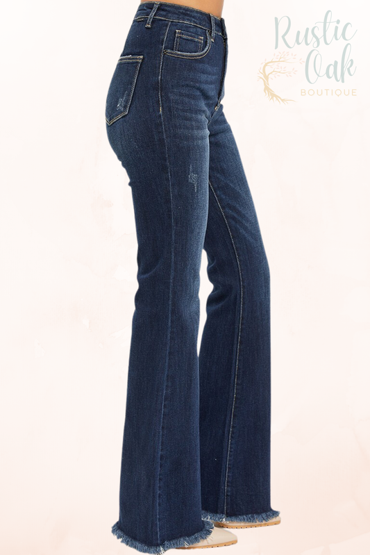 High Rise Vintage Frayed Hem Flare Jeans