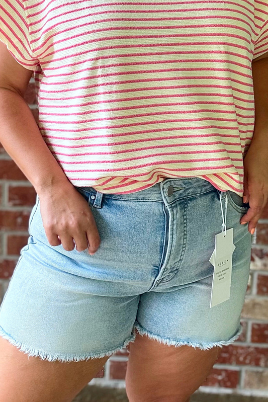 Plus Tummy Control High Rise Fray Hem Shorts