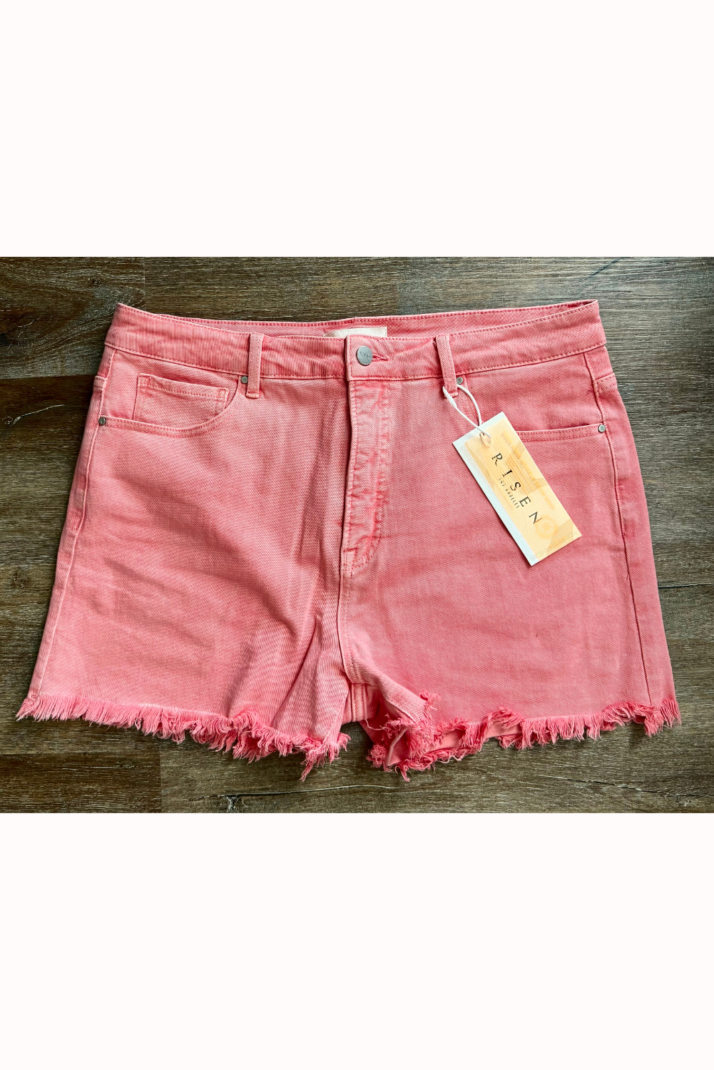 High Rise Fray Hem Shorts - Coral