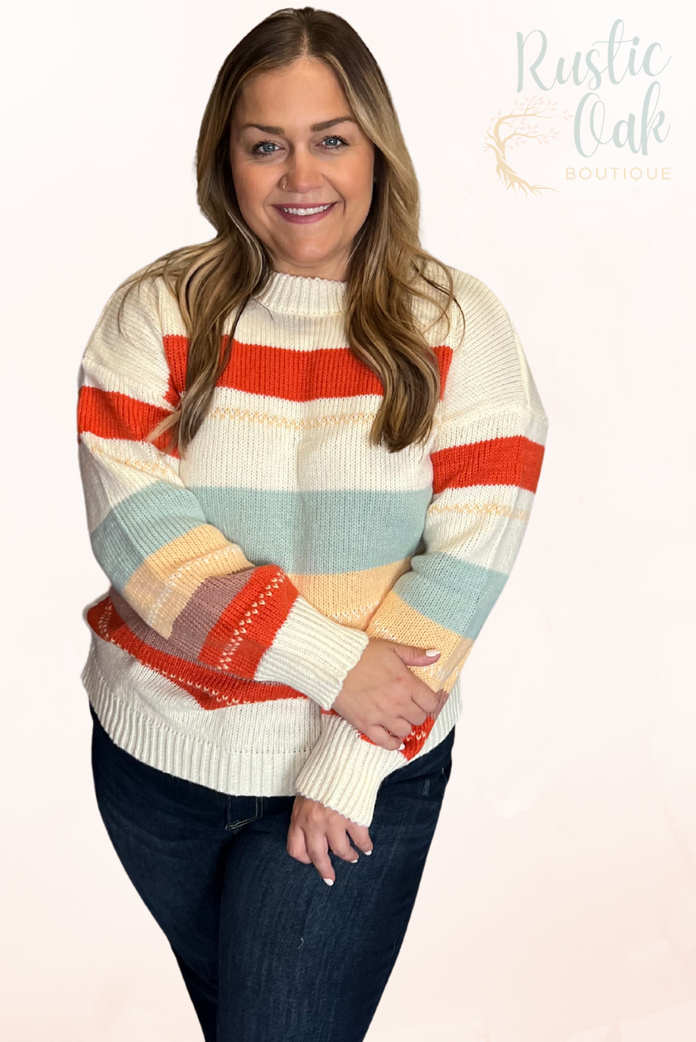 Crew Neck Striped Color Block Sweater