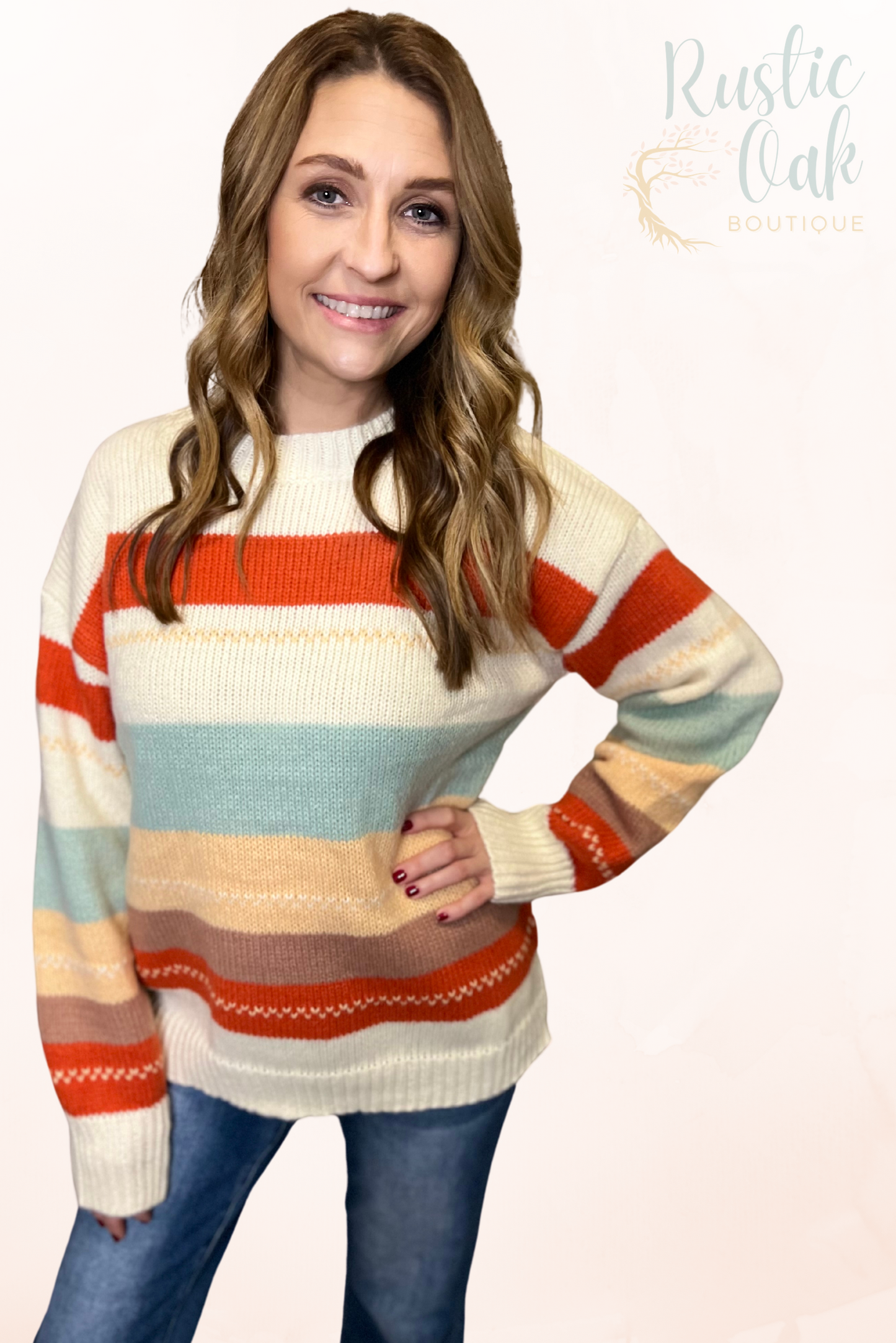 Crew Neck Striped Color Block Sweater