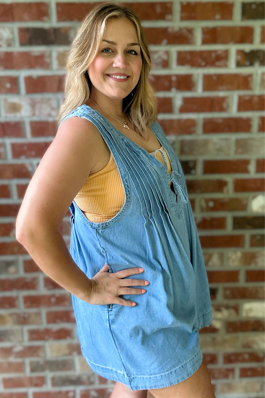 Plus Front V Neck Sleeveless Denim Romper - Light Wash