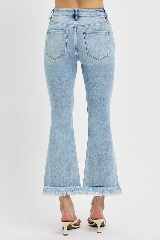 Risen Raw Hem Cropped Flare Jeans