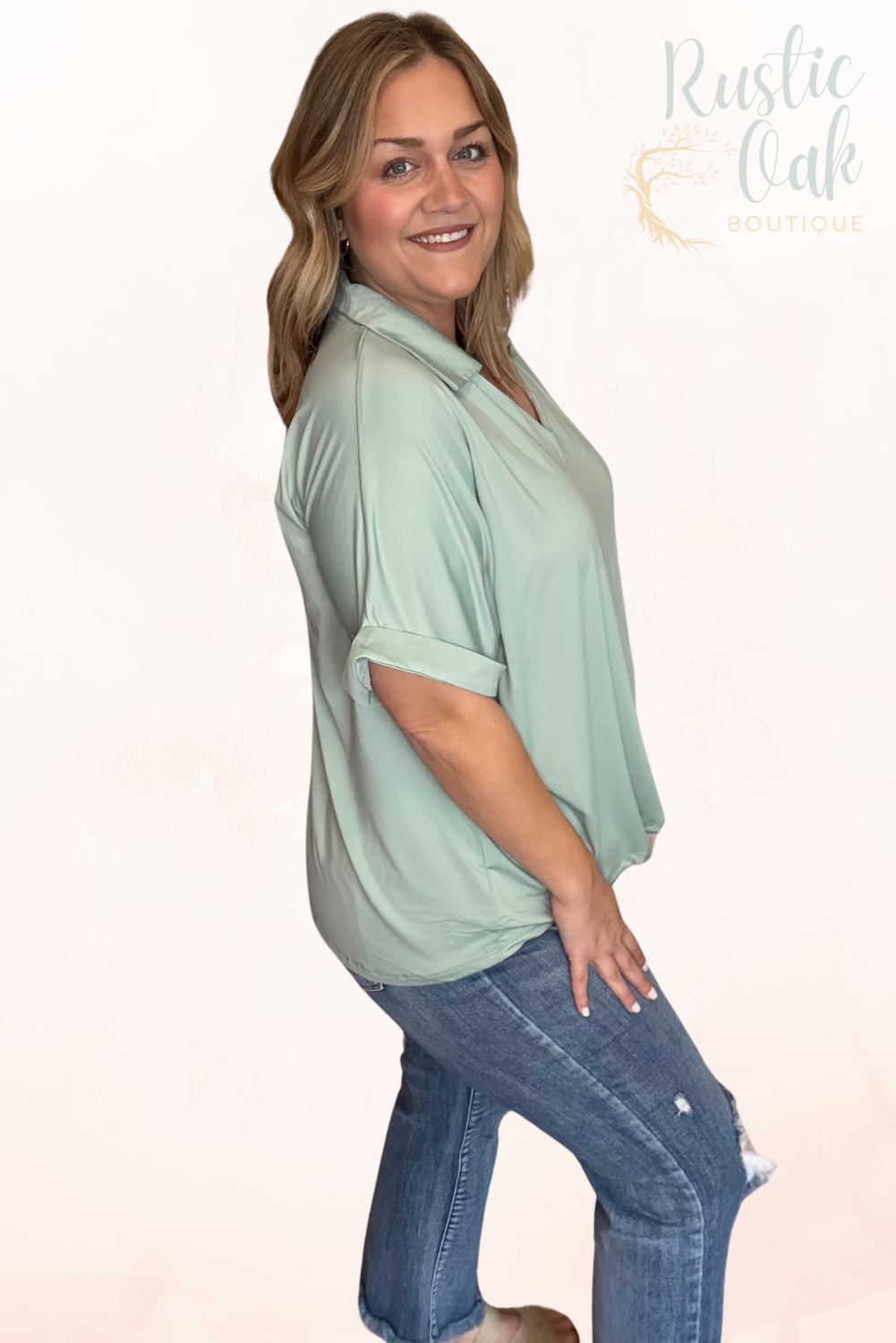 Cara Collared Top - Pink & Sea Green