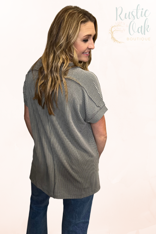 Medium Gray Textured Knit Exposed Stitching T-shirt