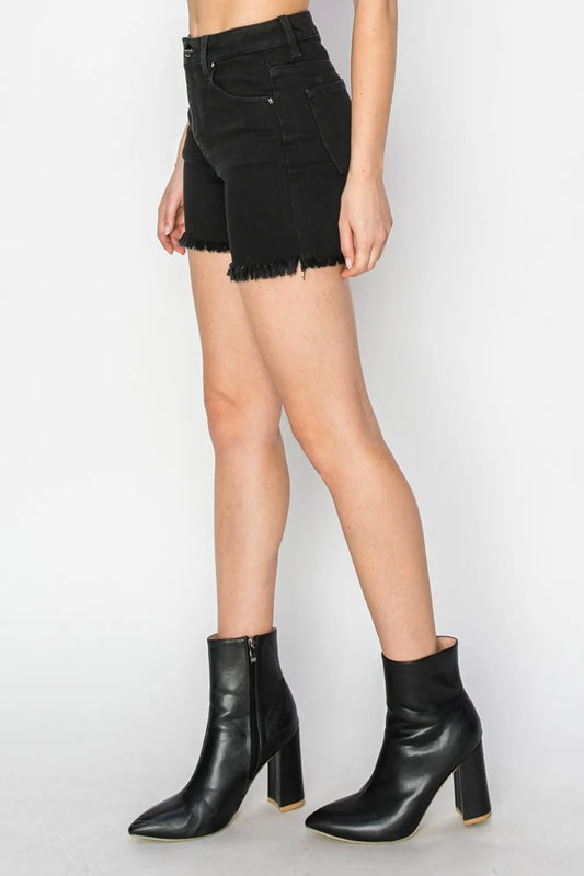 Risen High Waist Denim Shorts - Black