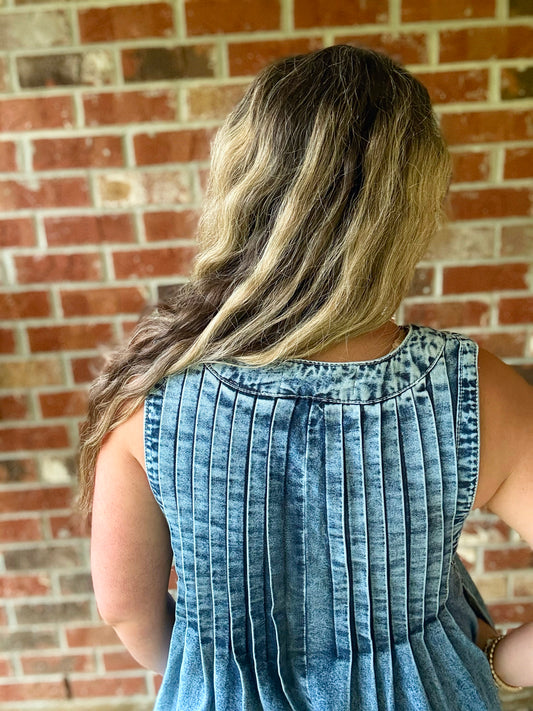 Front V Neck Sleeveless Denim Romper - Medium Wash