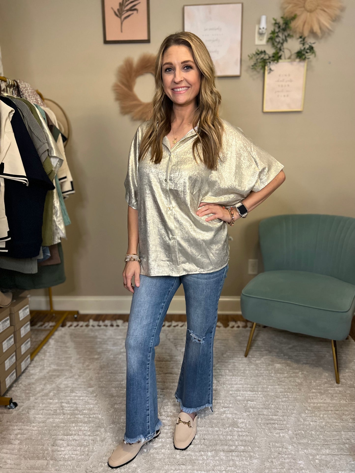 Maple Button Down Metallic Woven Blouse