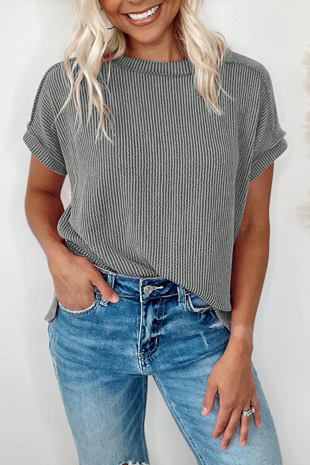 Medium Gray Textured Knit Exposed Stitching T-shirt