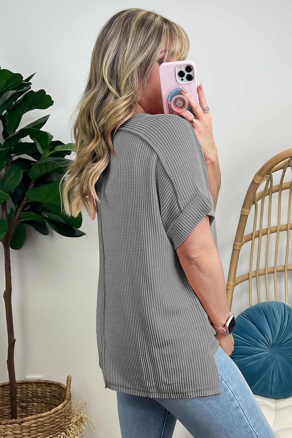 Medium Gray Textured Knit Exposed Stitching T-shirt