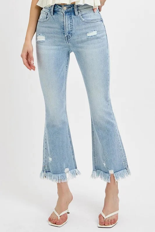 Risen Raw Hem Cropped Flare Jeans