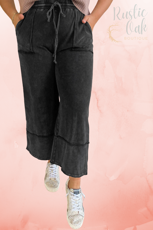 Plus Size Black Mineral Wash Wide Leg Cropped Pants