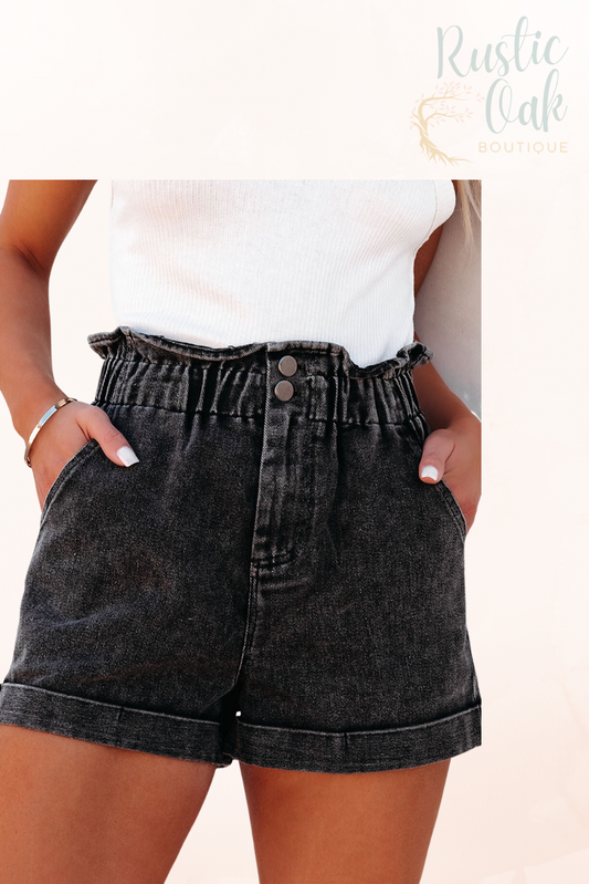 Black Vintage Washed Frilled High Waist Denim Shorts