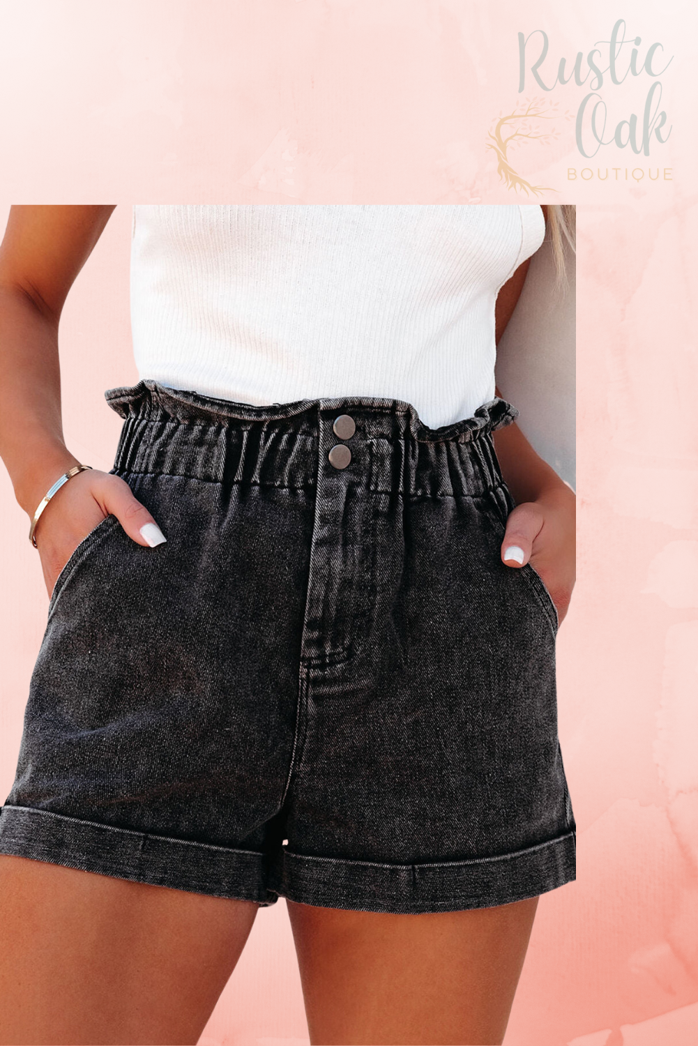 Black Vintage Washed Frilled High Waist Denim Shorts