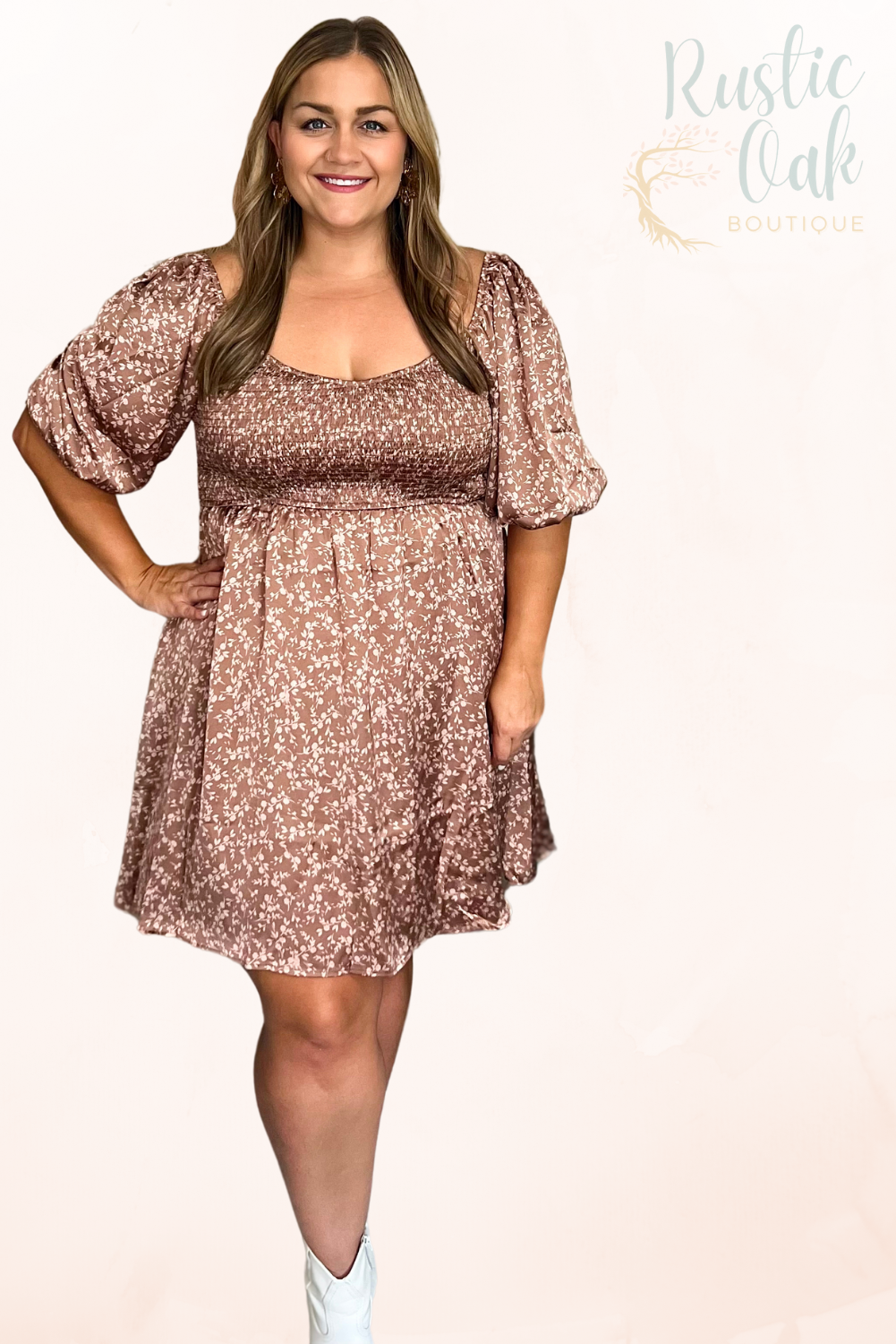 Floral Print Smocked Mocha Babydoll Dress