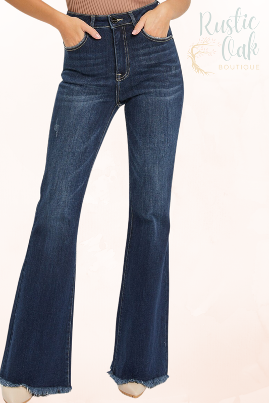 High Rise Vintage Frayed Hem Flare Jeans