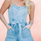 Beau Blue Spaghetti Strap Belted Denim Romper