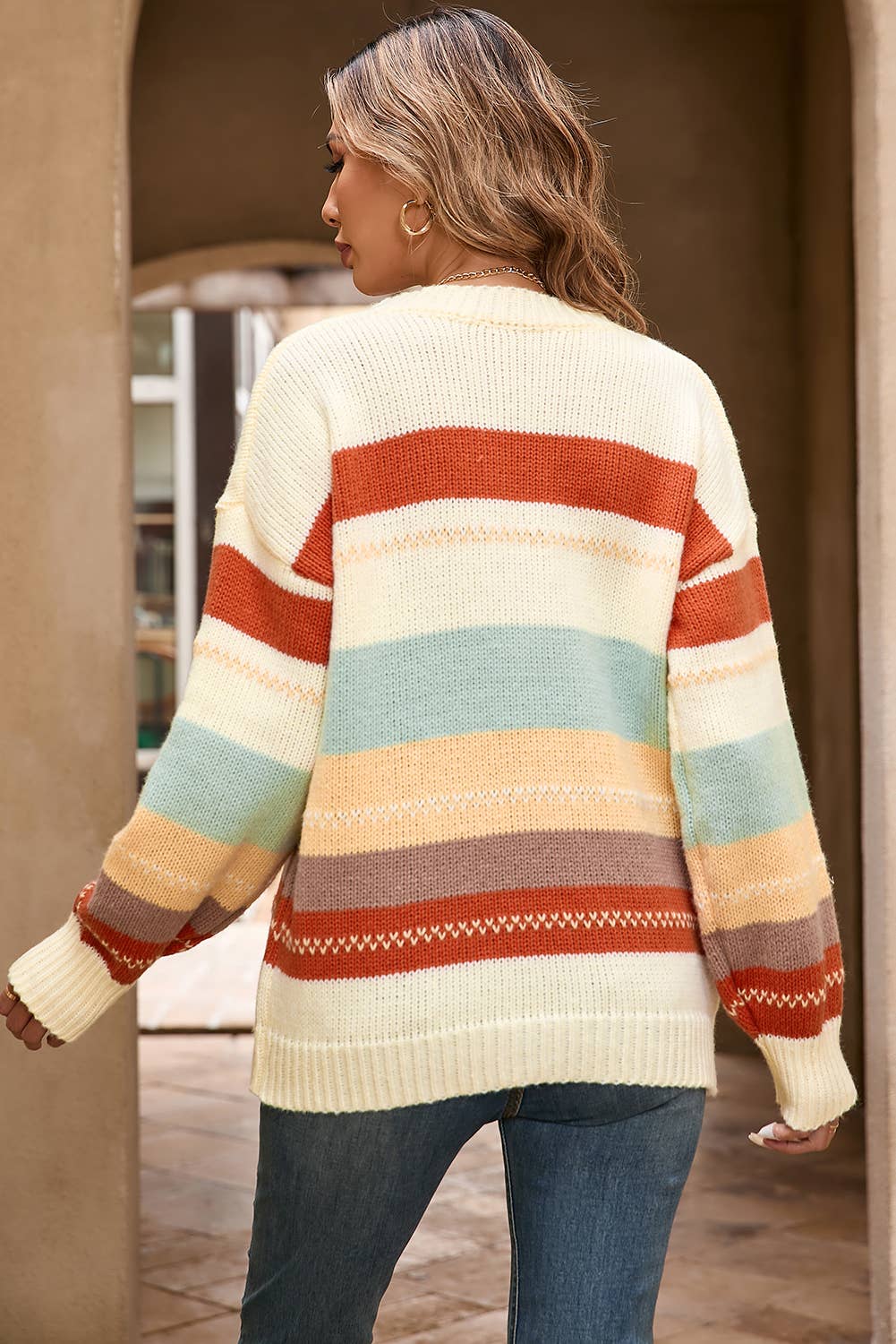 Crew Neck Striped Color Block Sweater