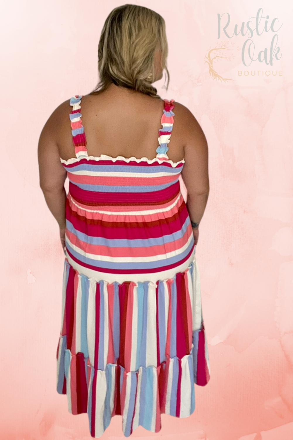 Striped Ruffled Straps Smocked Tiered Long Dress