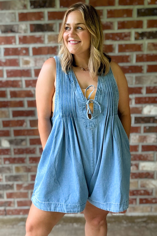 Plus Front V Neck Sleeveless Denim Romper - Light Wash