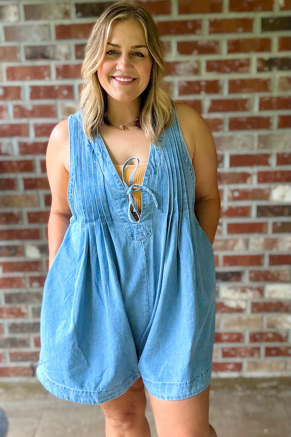 Plus Front V Neck Sleeveless Denim Romper - Light Wash