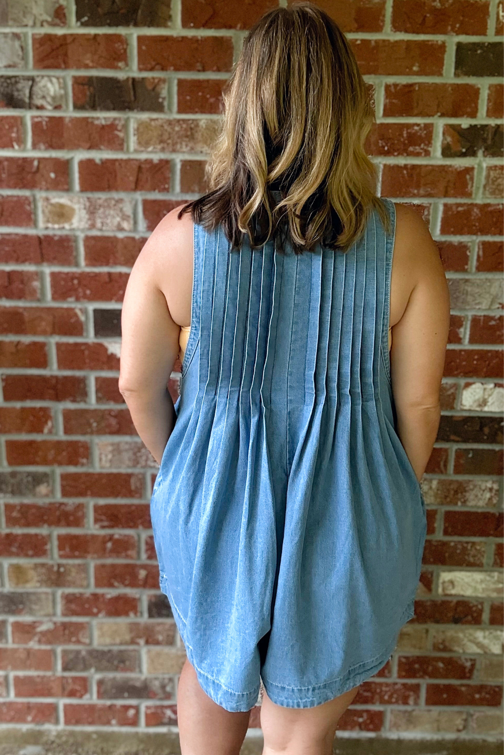 Plus Front V Neck Sleeveless Denim Romper - Light Wash