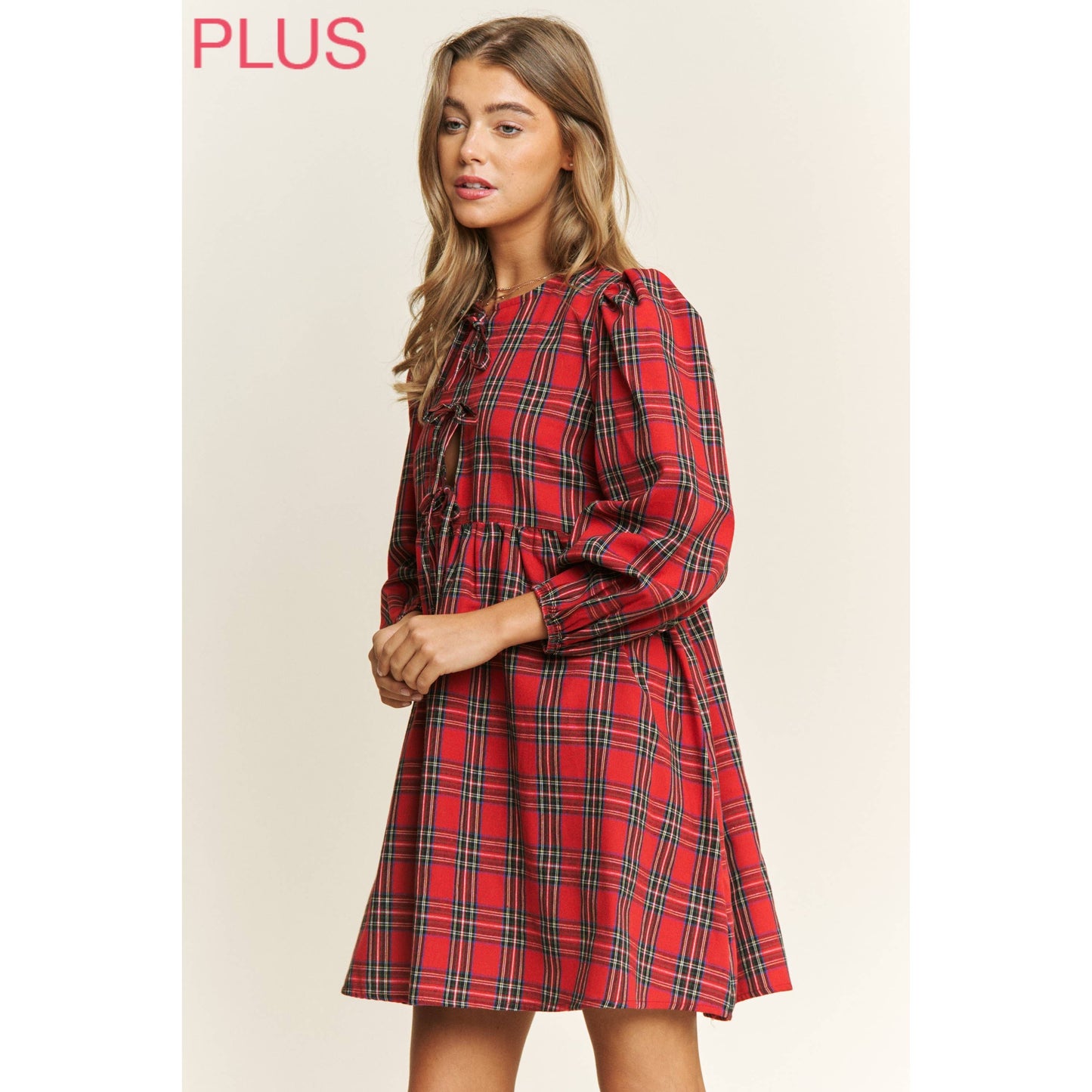 Plus Plaid Babydoll Bow Mini Dress