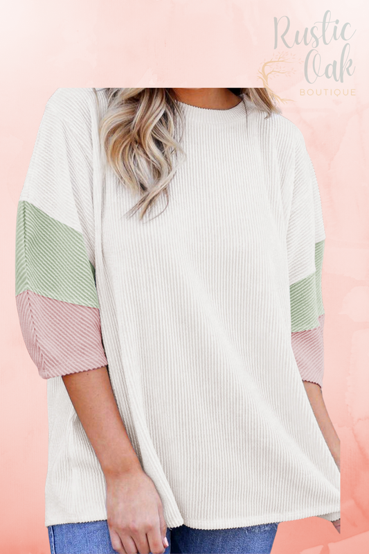 Ribbed White Color Block 3/4 Sleeve Top