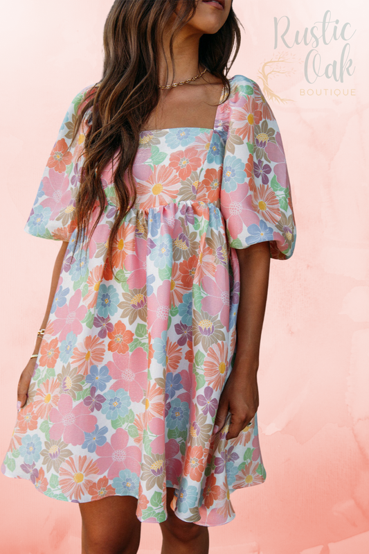 Pink Summer Floral Square Neck Puff Sleeve Babydoll Dress