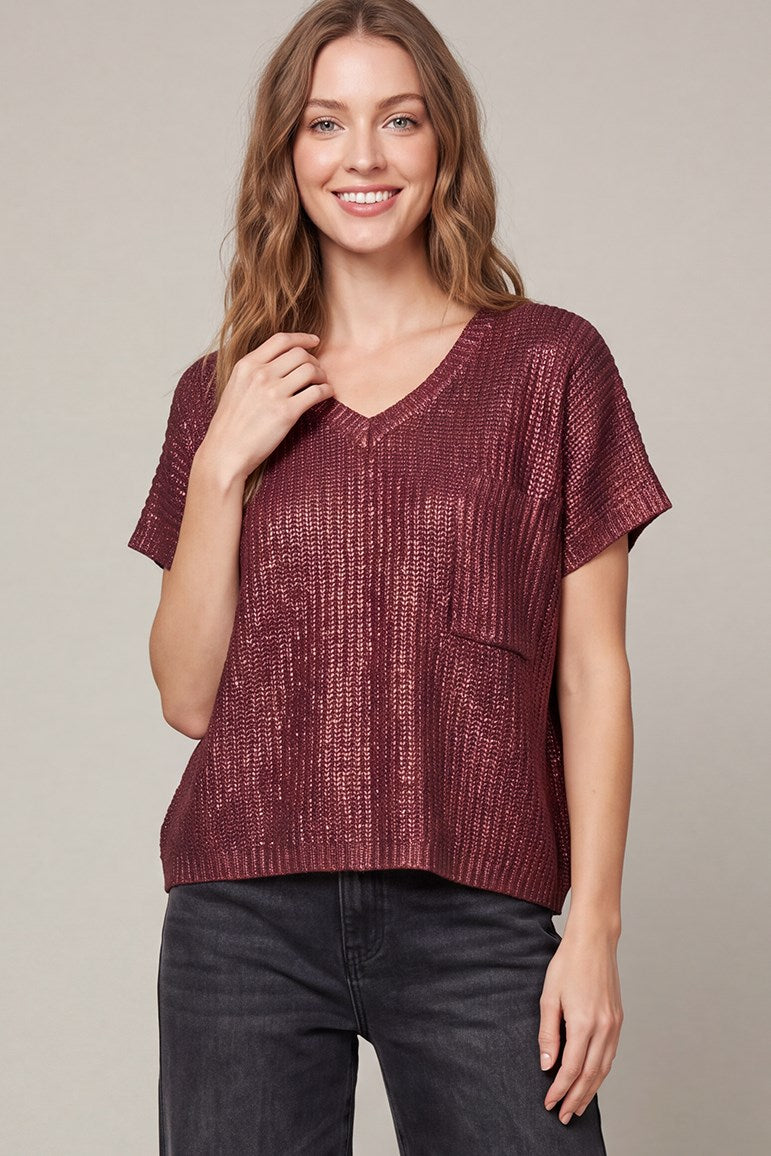 Shimmering Wine V-Neck Sweater
