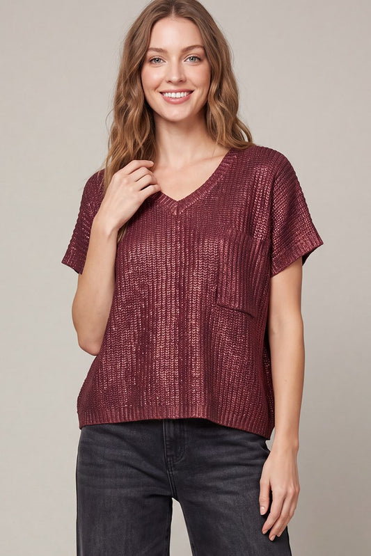 Shimmering Wine V-Neck Sweater