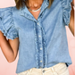 Button Front Ruffled Flutter Frayed Denim Top