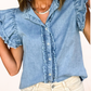 Button Front Ruffled Flutter Frayed Denim Top