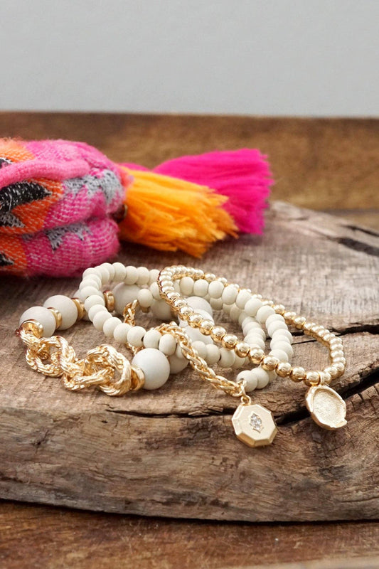 Cream & Gold Wooden Bead Bracelet Set