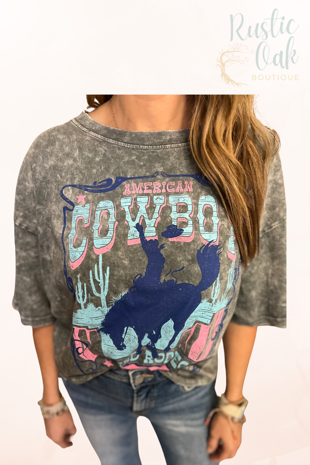 American Cowboy Wild Rodeo Mineral Graphic Long Crop Top