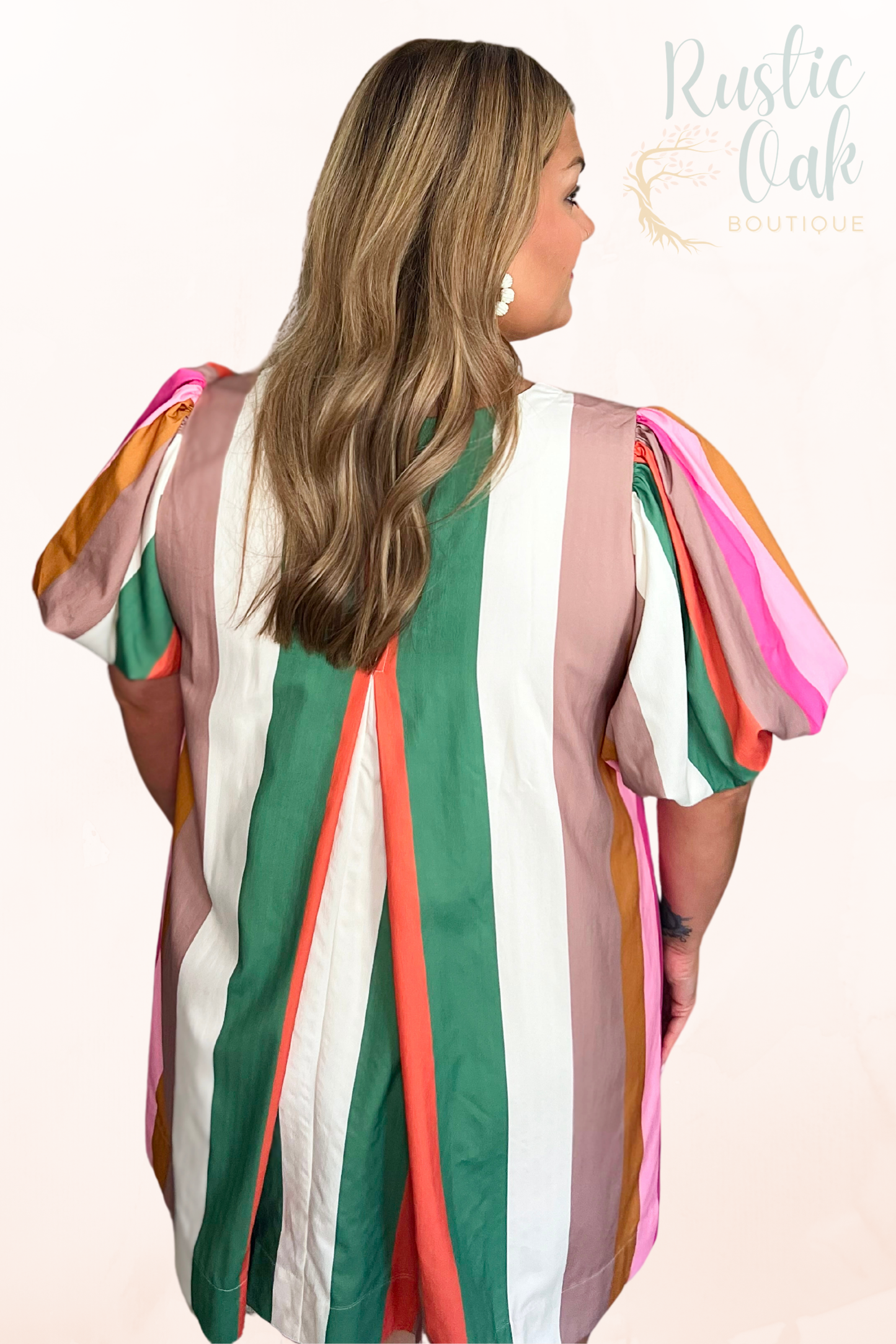 Plus Multicolor Stripe Bubble Sleeve Mini Dress