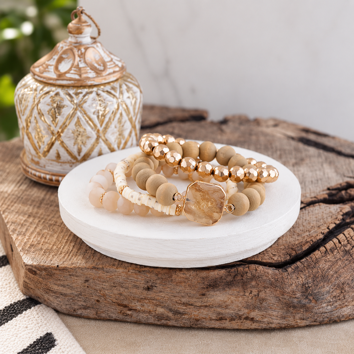 Golden Sands Neutral Beaded Bracelet Stack