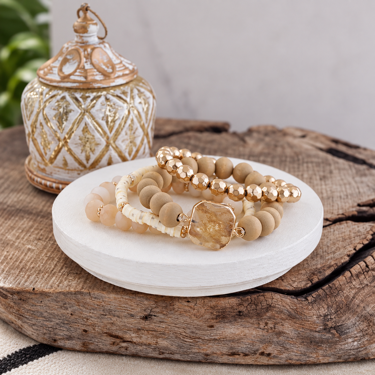 Golden Sands Neutral Beaded Bracelet Stack