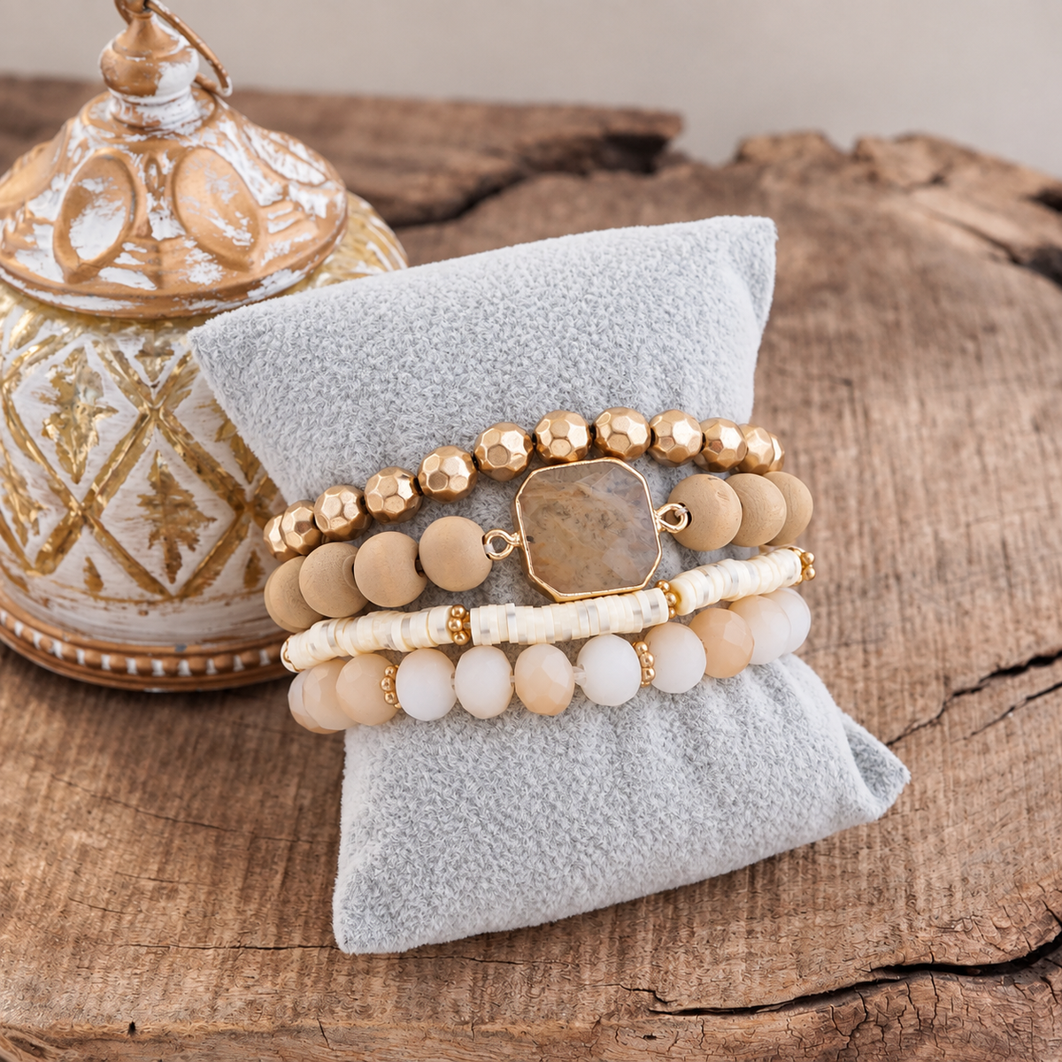 Golden Sands Neutral Beaded Bracelet Stack