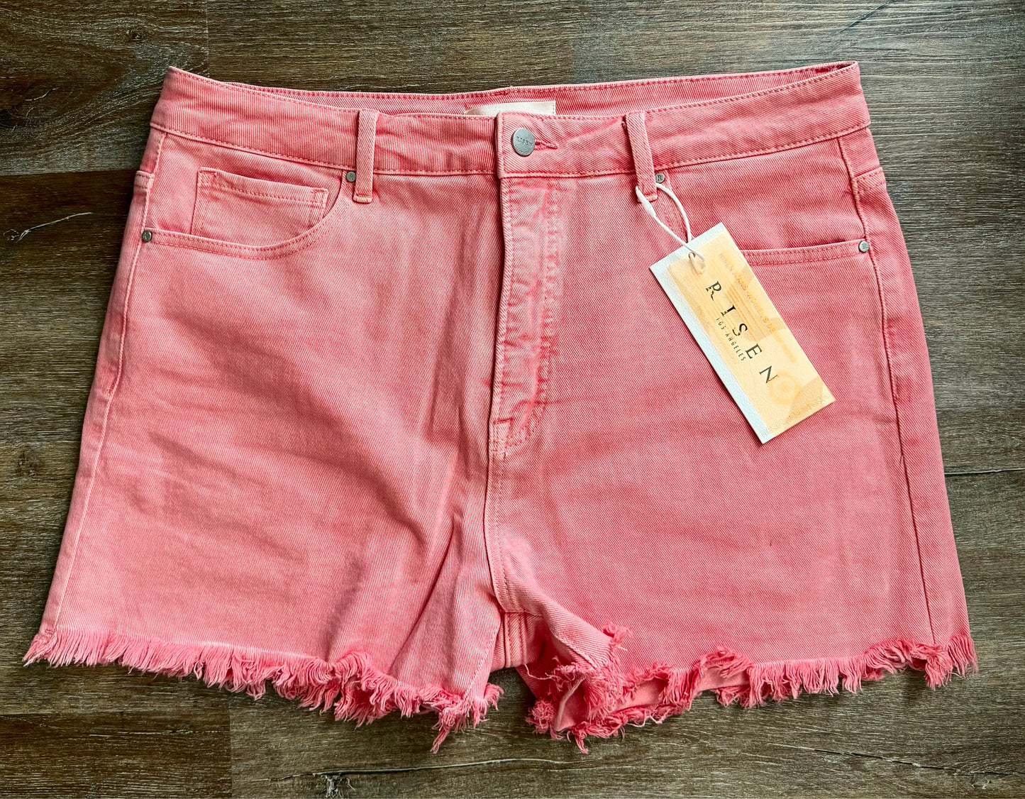 High Rise Fray Hem Shorts - Coral