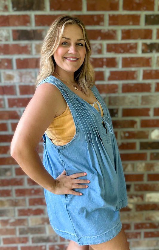 Plus Front V Neck Sleeveless Denim Romper - Light Wash