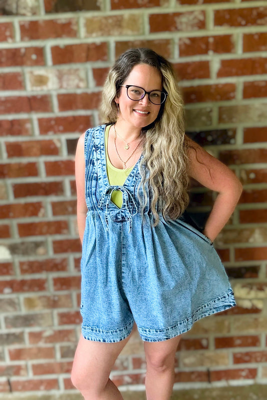 Front V Neck Sleeveless Denim Romper - Medium Wash