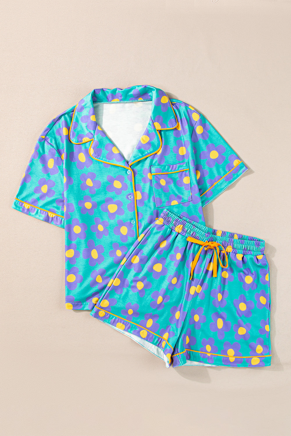 Sky Blue Flower Print Short Sleeve Pajamas Set