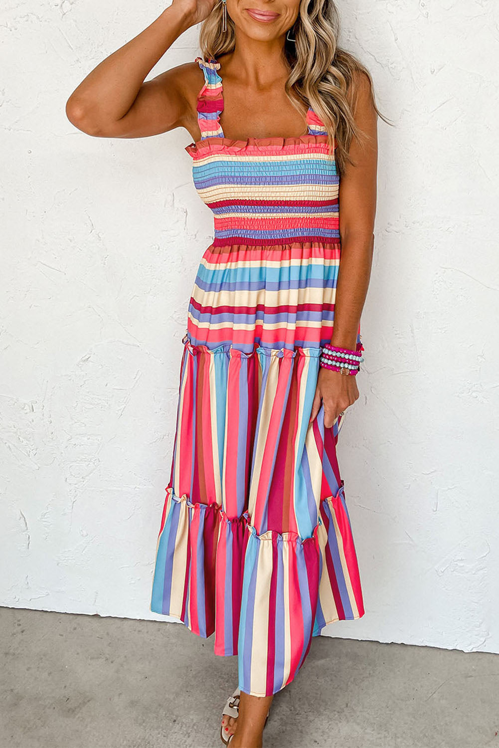 Striped Ruffled Straps Smocked Tiered Long Dress