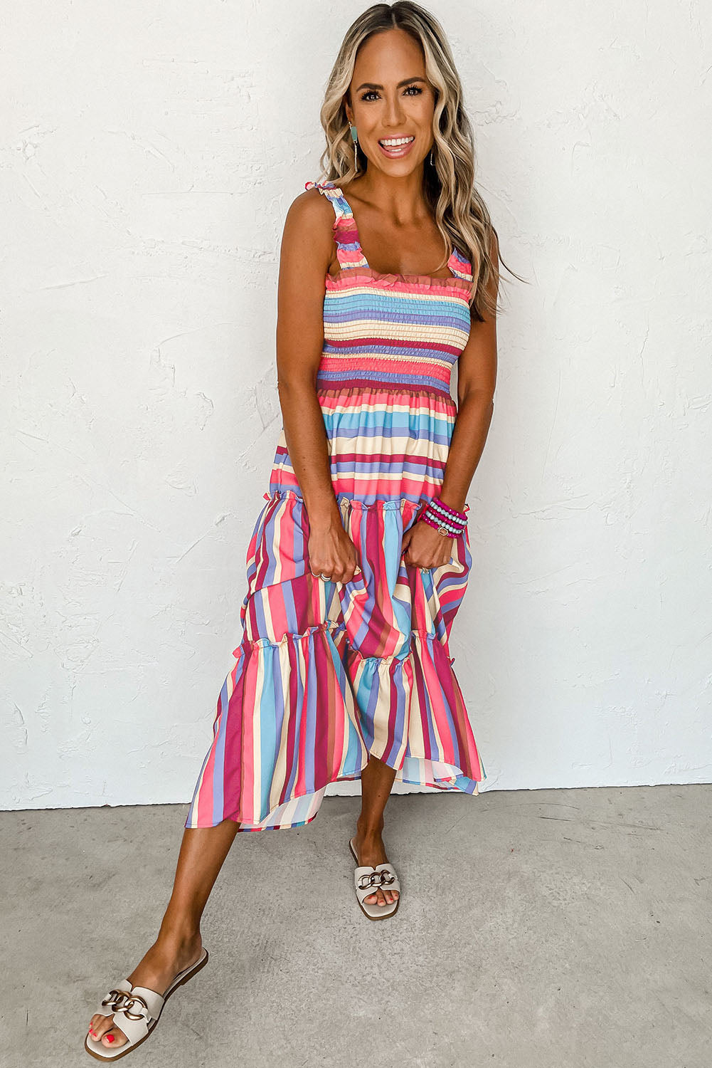 Striped Ruffled Straps Smocked Tiered Long Dress