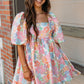 Pink Summer Floral Square Neck Puff Sleeve Babydoll Dress