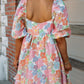 Pink Summer Floral Square Neck Puff Sleeve Babydoll Dress