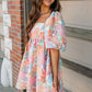 Pink Summer Floral Square Neck Puff Sleeve Babydoll Dress