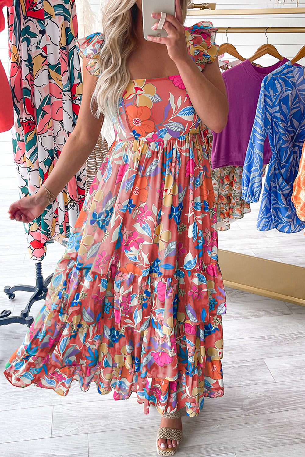 Floral Print Sleeveless Ruffle Tiered Maxi Dress